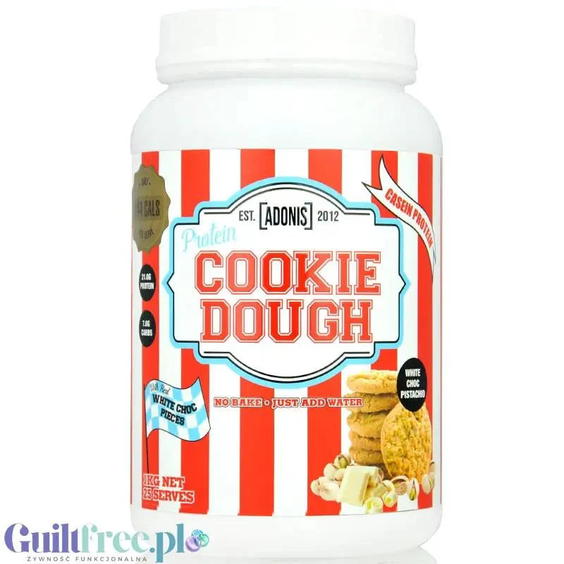 Adonis Cookie Dough Casein Protein, White Choc Pistachio 1kg - proteinowa masa ciasteczkowa, 21g białka & 141kcal