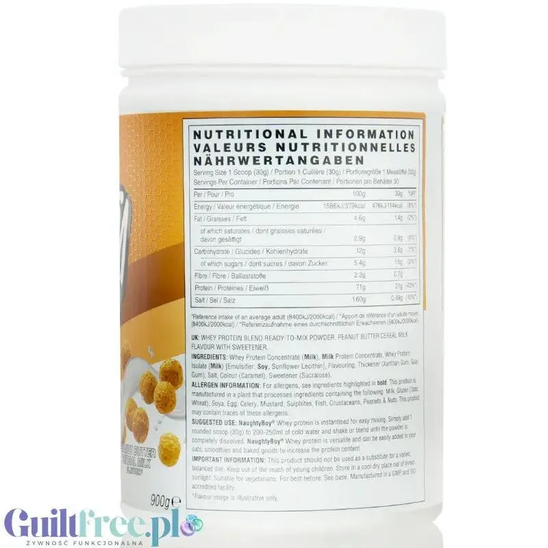 Naughty Boy Whey Protein Peanut Butter Cereal Milk 900g - gęsta odżywka białkowa WPI, WPC & MPC