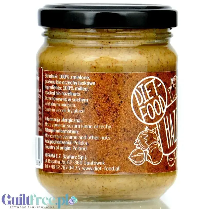 Diet Food Bio Hazelnut 200g - bio krem z orzechów laskowych 100%, bez soli i cukru