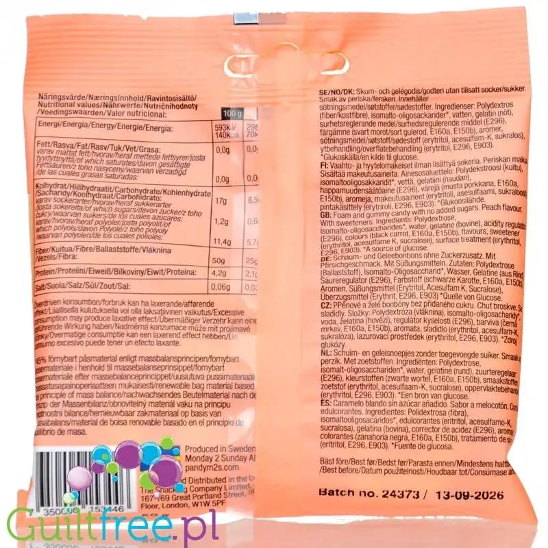 Pandy Candy Peach Rings - kwaśne błonnikowe żelki bez cukru 45% mniej kalorii, Brzoskwiniowe