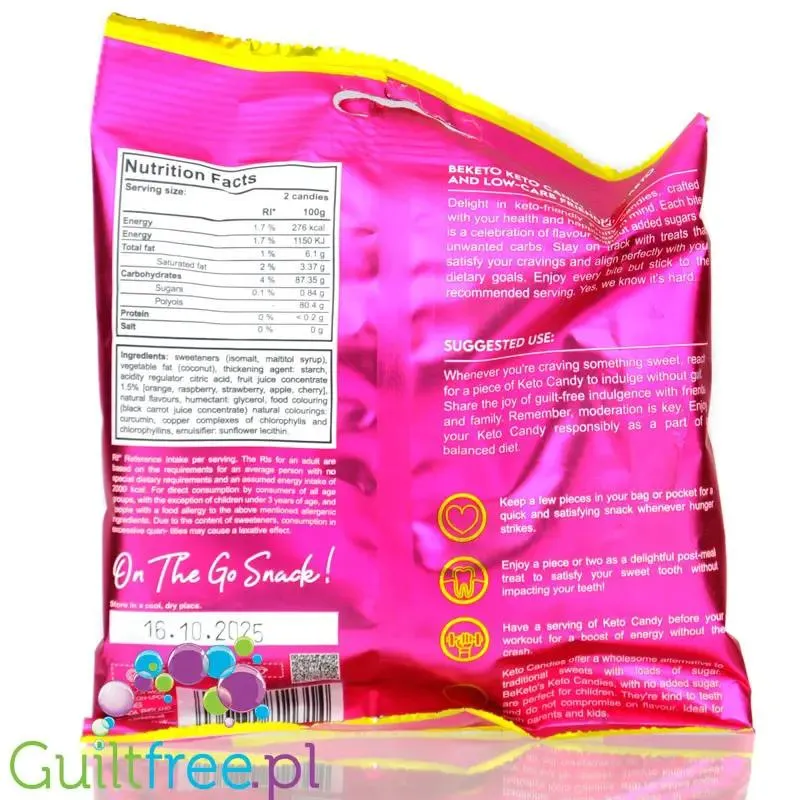 BeKeto Soft & Chewy Keto Fruit Candy - miękkie owocowe keto cukierki do żucia bez cukru