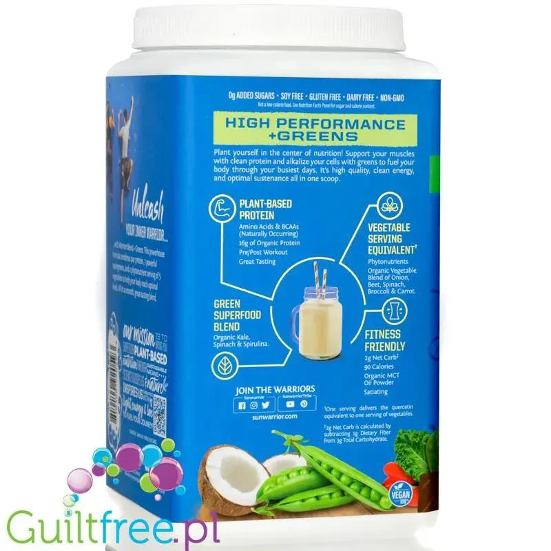 Sunwarrior Protein + Greens Warrior Blend, Chocolate 0,75kg - wegańska organiczna odżywka białkowa z MCT