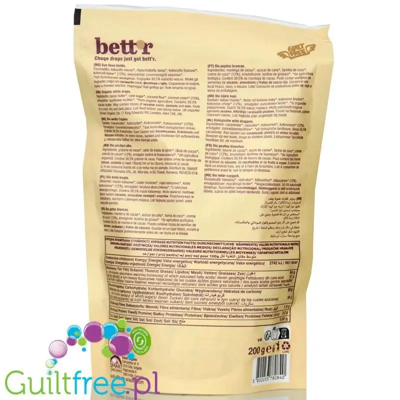 Bett'r White Choqo Drops & Coconut Cream - wegańskie organiczne kropelki białej czekolady z kremem kokosowym