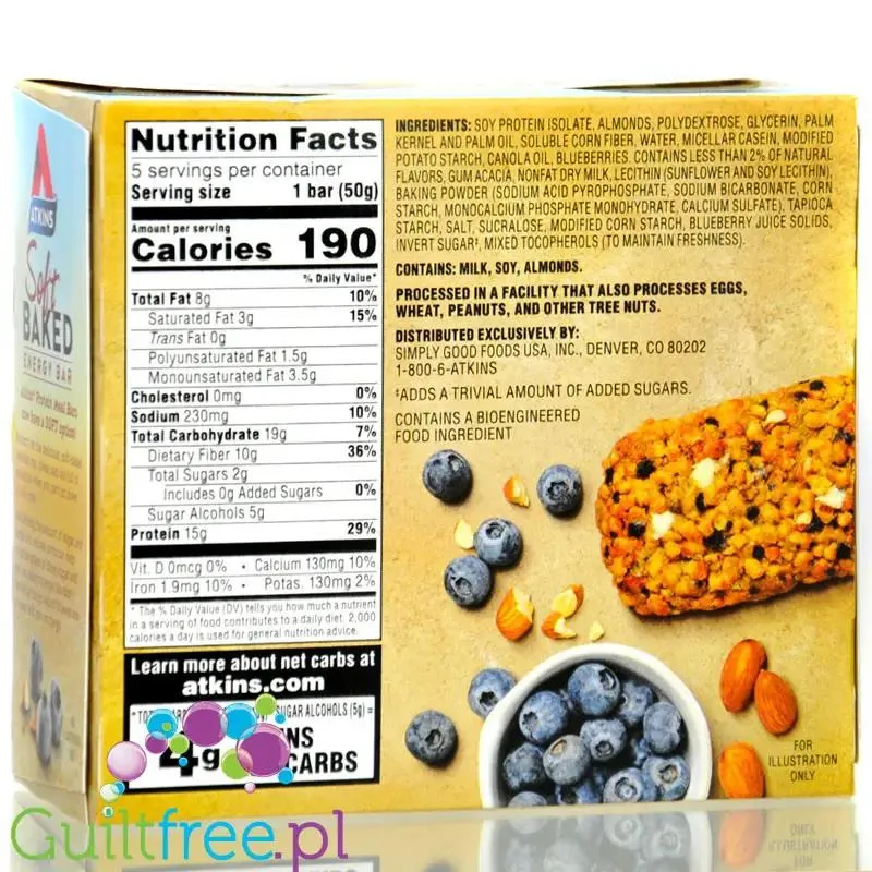 Atkins Meal Soft Baked Blueberry PUDEŁKO x 5 batonów - baton śniadaniowy 190kcal & 15g białka