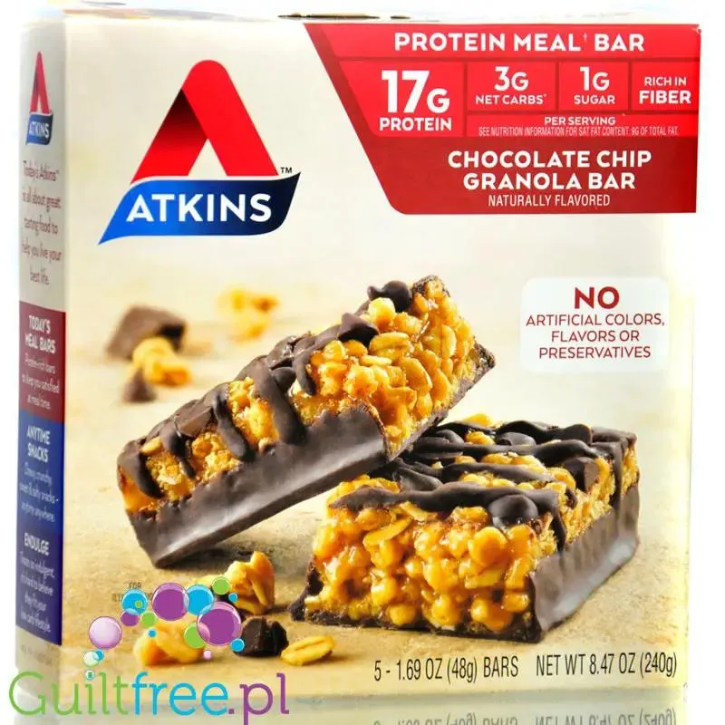 Atkins Meal Chocolate Chip Granola PUDEŁKO x 5 batonów - baton białkowy bez maltitolu 17g białka & 200kcal