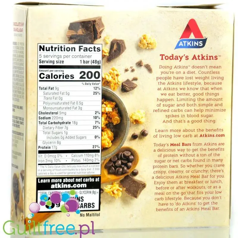 Atkins Meal Chocolate Chip Granola PUDEŁKO x 5 batonów - baton białkowy bez maltitolu 17g białka & 200kcal