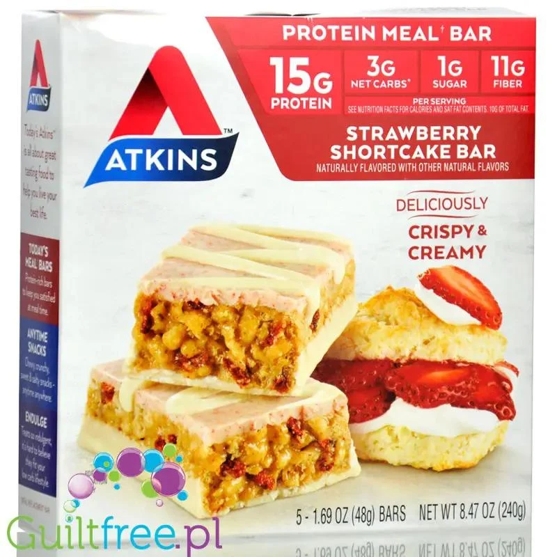Atkins Meal Strawberry Shortcake PUDEŁKO x 5 batonów - baton białkowy bez maltitolu 15g białka & 190kcal