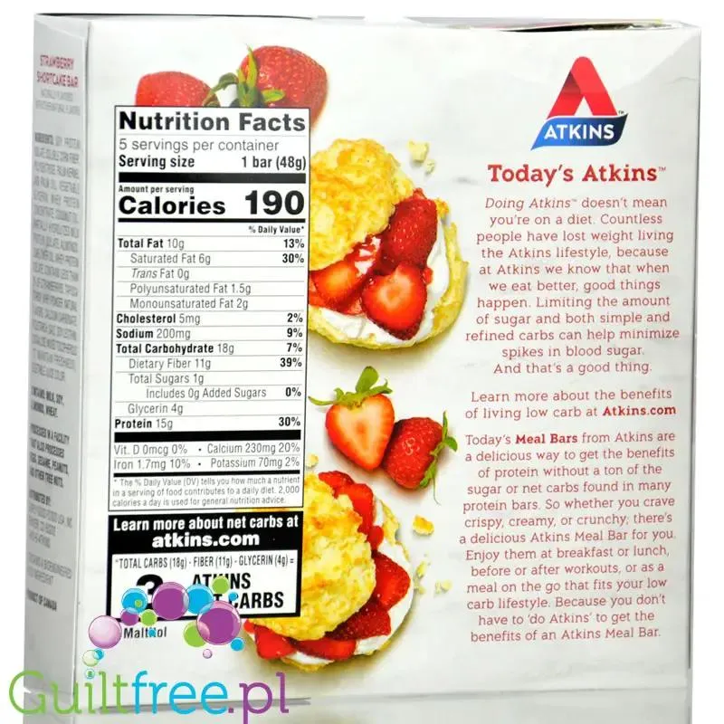 Atkins Meal Strawberry Shortcake PUDEŁKO x 5 batonów - baton białkowy bez maltitolu 15g białka & 190kcal