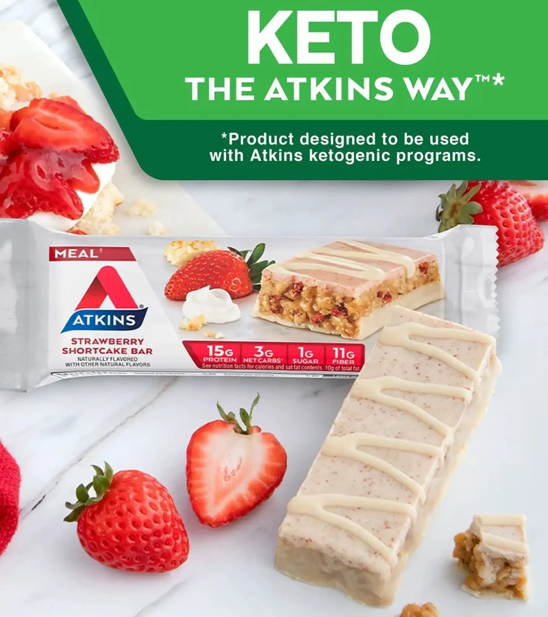 Atkins Meal Strawberry Shortcake PUDEŁKO x 5 batonów - baton białkowy bez maltitolu 15g białka & 190kcal