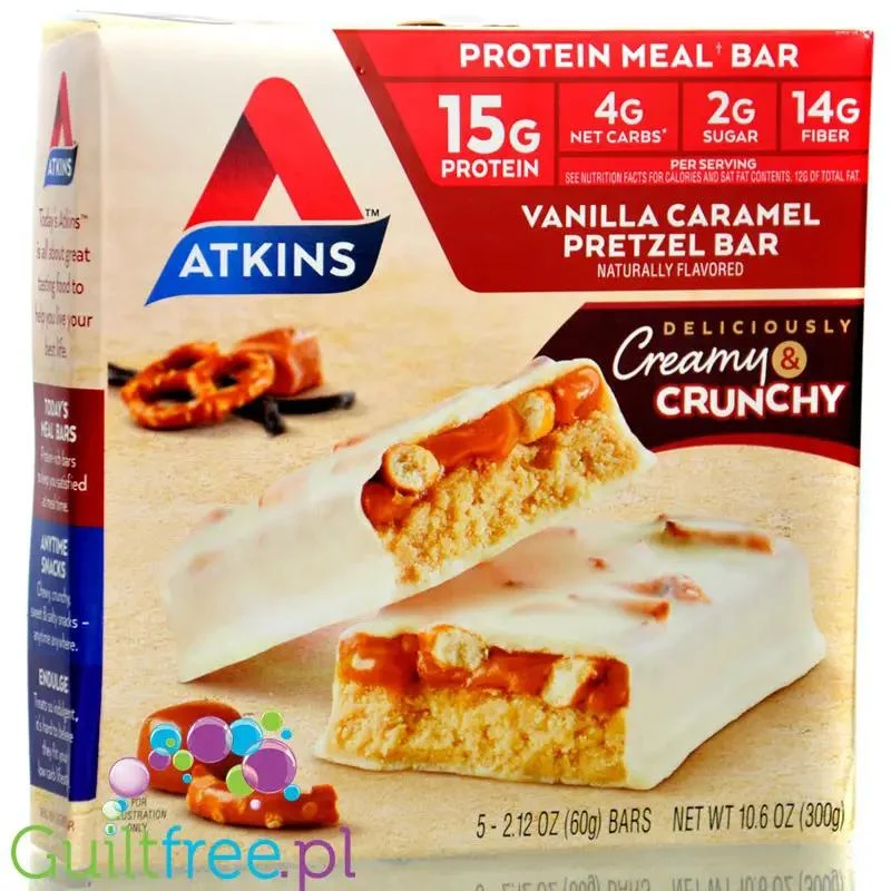 Atkins Meal Vanilla Caramel Pretzel PUDEŁKO x 5 batonów - baton białkowy bez maltitolu 17g białka & 200kcal