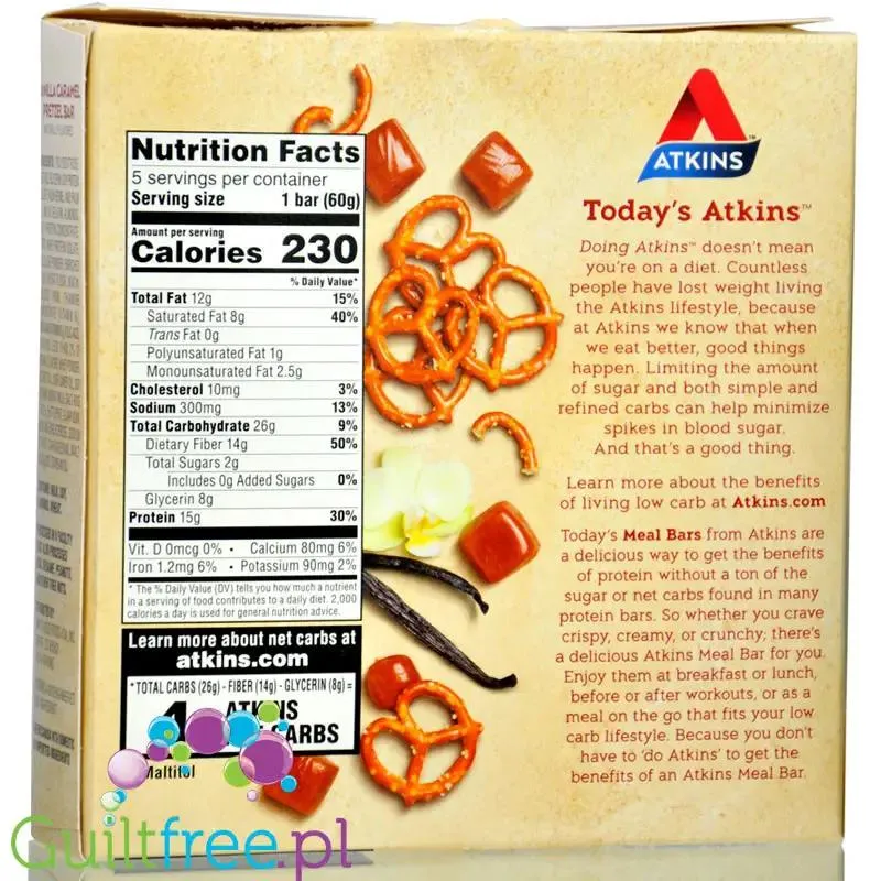 Atkins Meal Vanilla Caramel Pretzel PUDEŁKO x 5 batonów - baton białkowy bez maltitolu 17g białka & 200kcal
