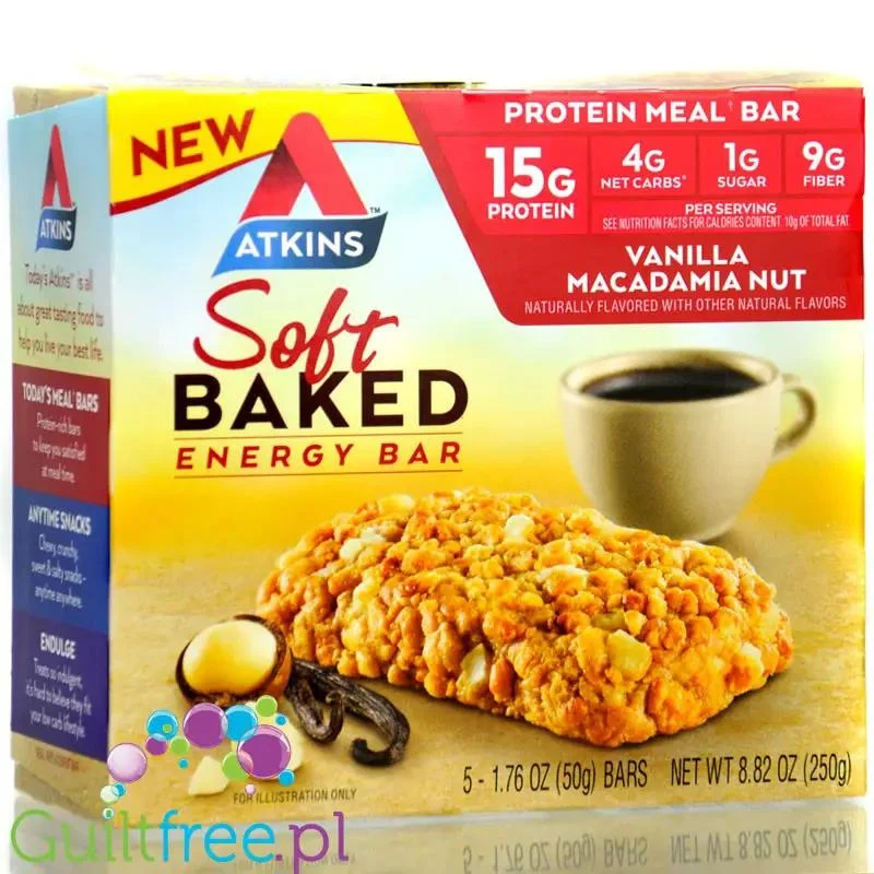 Atkins Meal Soft Baked Vanilla Macadamia Nut PUDEŁKO x 5 batonów - baton śniadaniowy 190kcal & 15g białka