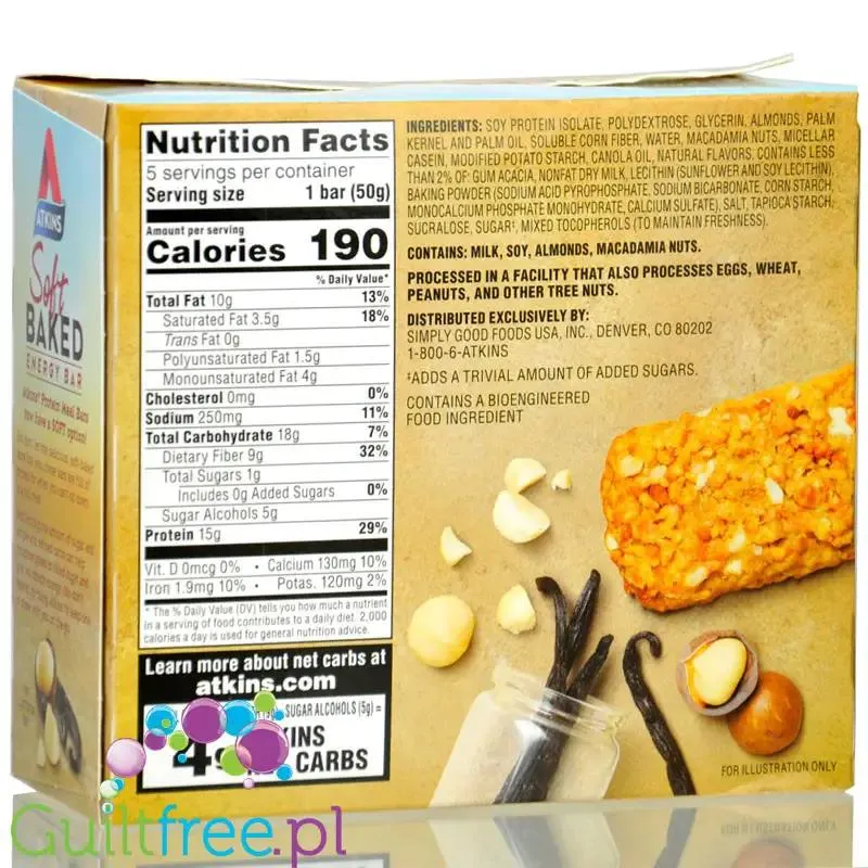 Atkins Meal Soft Baked Vanilla Macadamia Nut PUDEŁKO x 5 batonów - baton śniadaniowy 190kcal & 15g białka