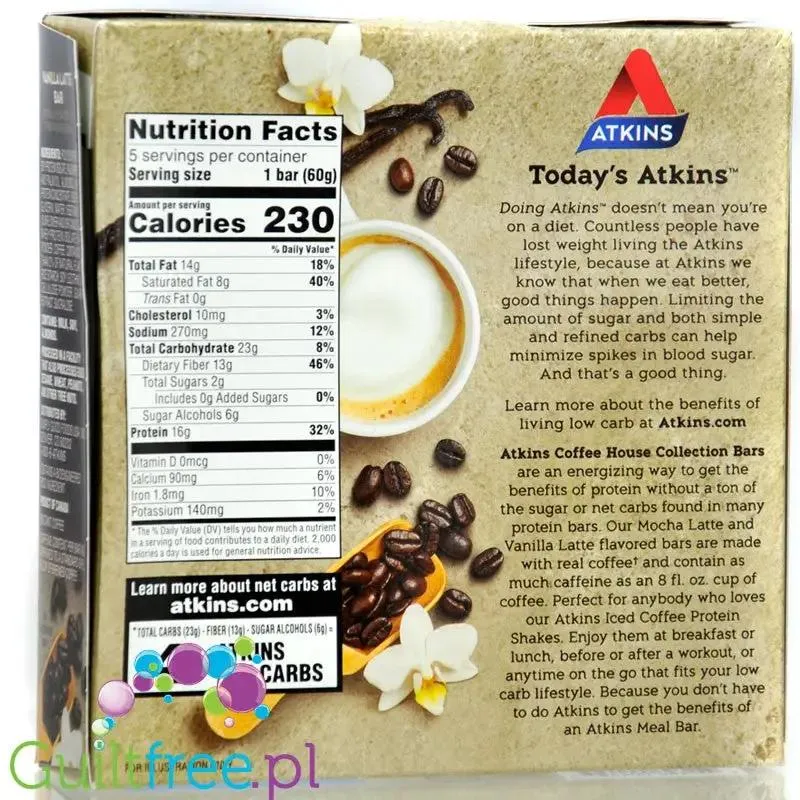 Atkins Coffee House Mocha Latte Bar PUDEŁKO x 5 batonów - baton proteinowy z kawą i czekoladą 16 białka & 220kcal