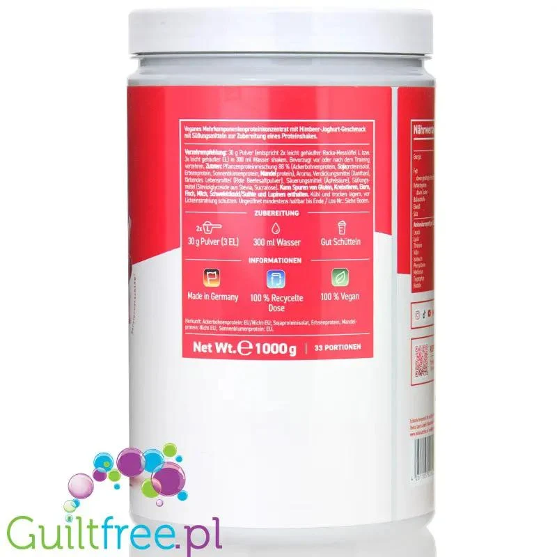 Rocka Nutrition Protein Shake Raspberry Yogurt 0,9kg - wegańska odżywka białkowa 5 źródeł białka
