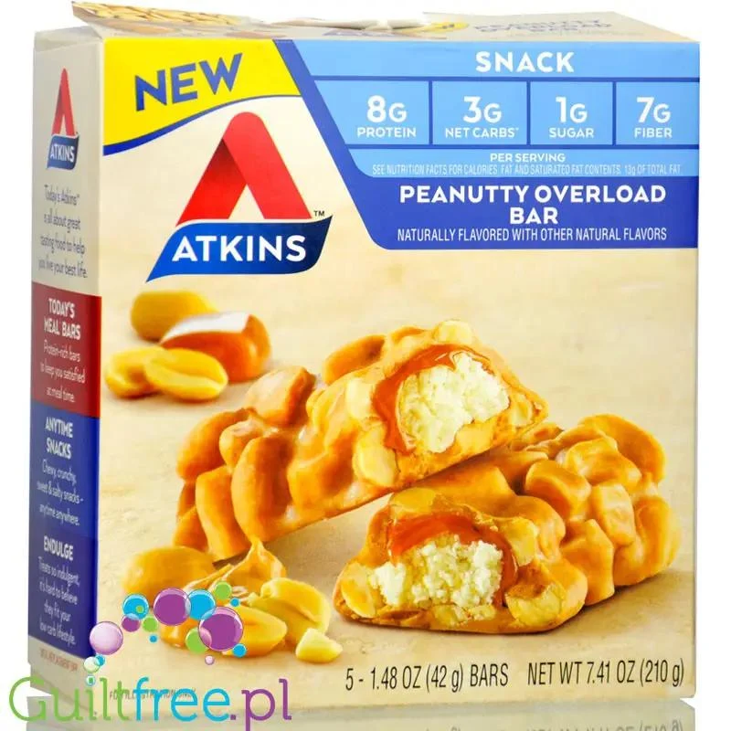 Atkins Snack Peanutty Overload Bar PUDEŁKO x 5 batonów - niskocukrowy baton 8g białka & 7g błonnika