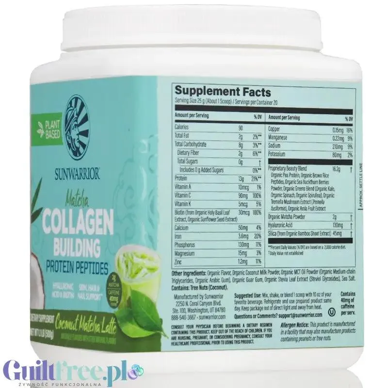 Sunwarrior Collagen Building Peptides, Coconut Matcha Latte - wegańska odżywka białkowa stymulująca wytwarzanie kolagenu