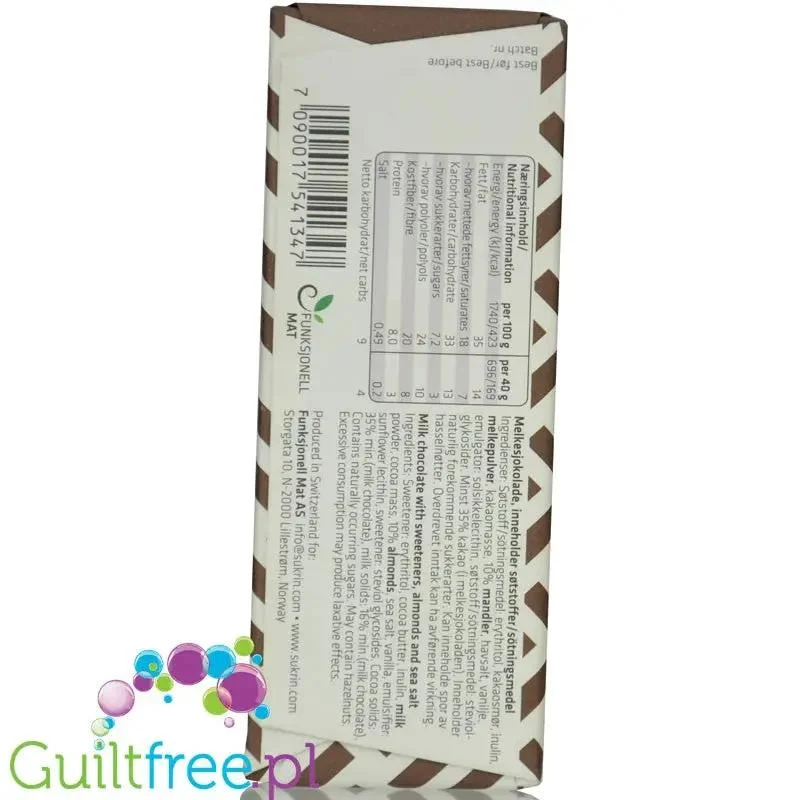 Sukrin Milk Chocolate Almonds & Sea Salt - mleczna czekolada z migdałami i solą morską bez dodatku cukru ze stewią i erytrolem