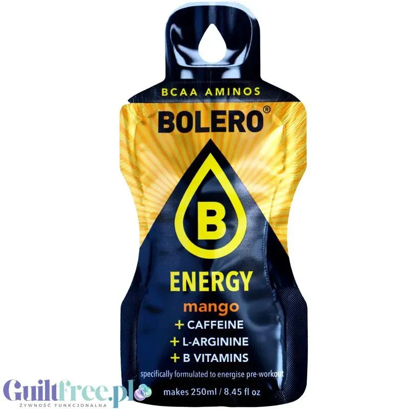 Bolero Energy Mango 7g - napój energetyczny bez cukru z kofeiną, L-argininą i witaminami z grupy B
