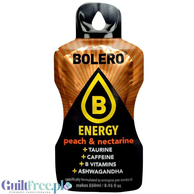 Bolero Energy Peach & Nectarine 7g - napój energetyczny bez cukru z tauryną, kofeiną, ashwagandą i witaminami B