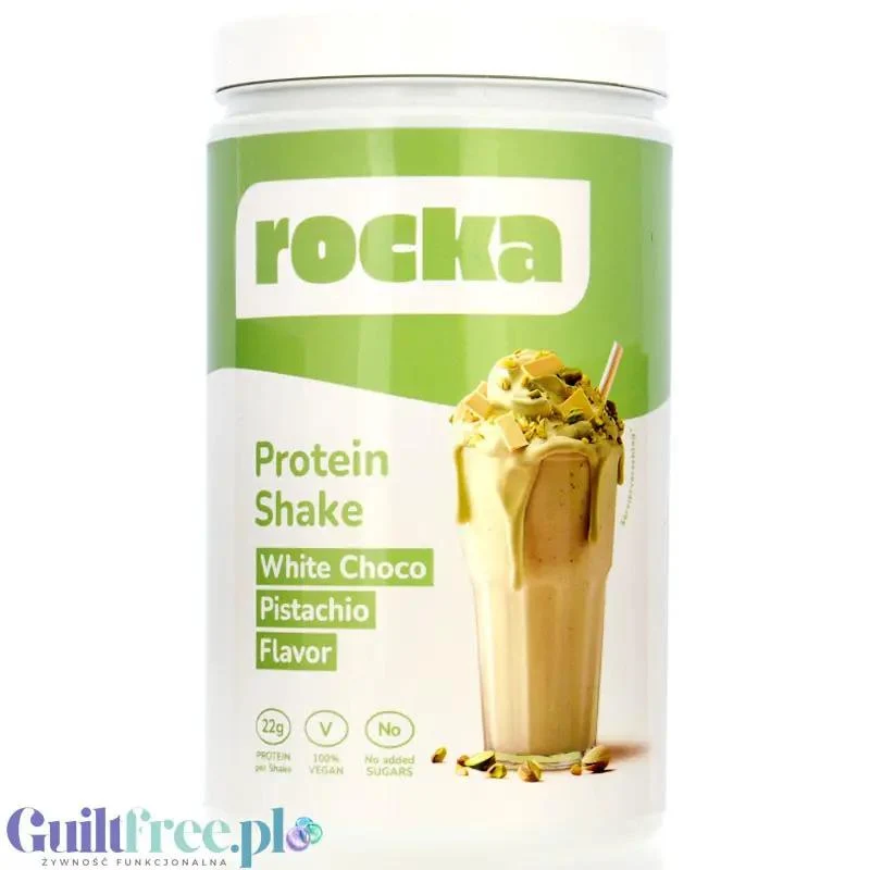 Rocka Nutrition Protein Shake White Choco Pistachio 0,9kg - wegański szejk proteinowy z 5 źródeł białek roślinnych bez cukru