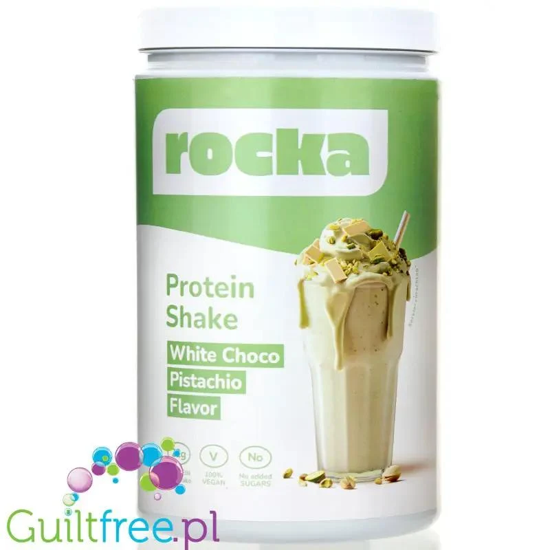 Rocka Nutrition Protein Shake White Choco Pistachio 0,9kg - wegański szejk proteinowy z 5 źródeł białek roślinnych bez cukru