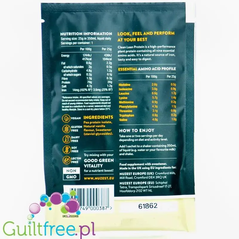 Nuzest Clean Lean Protein Smooth Vanilla 25g - izolat białka grochu, 20g białka, saszetka