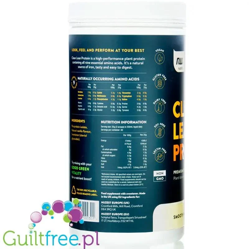Nuzest Clean Lean Protein Smooth Vanilla 1kg - wegańska odżywka białkowa o wspaniałym składzie na bazie europejskiego grochu