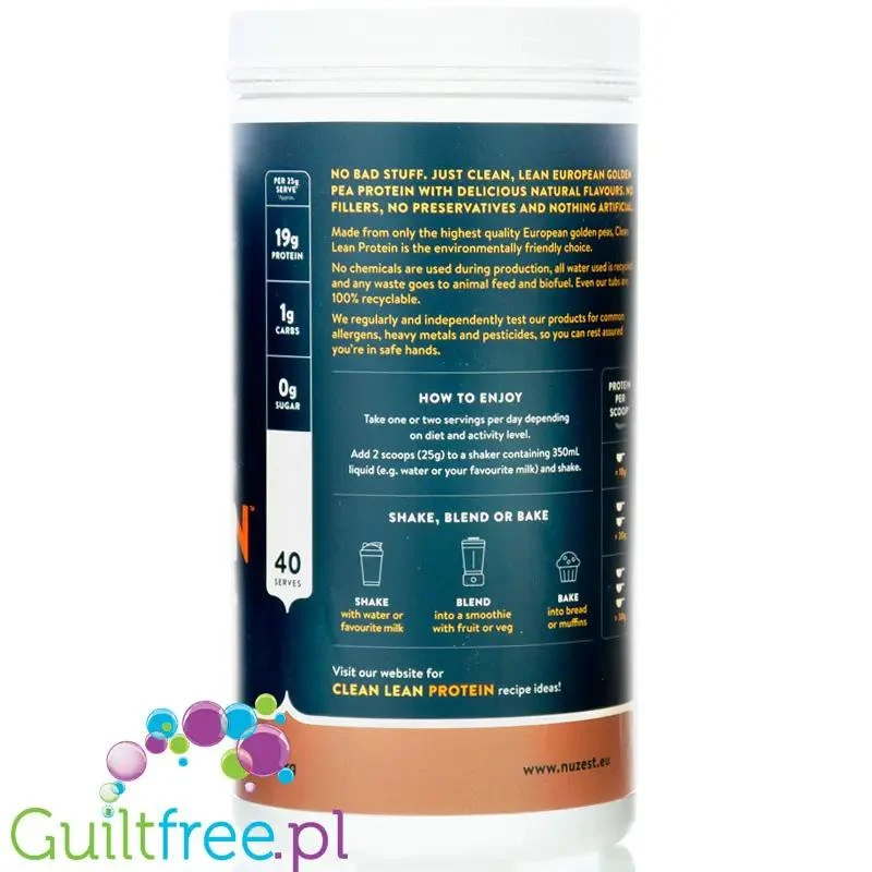 Nuzest Clean Lean Protein Rich Chocolate 1kg - wegańska odżywka białkowa o ultra czystym składzie na bazie europejskiego grochu