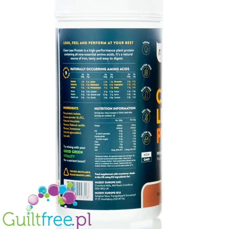 Nuzest Clean Lean Protein Rich Chocolate 1kg - wegańska odżywka białkowa o ultra czystym składzie na bazie europejskiego grochu