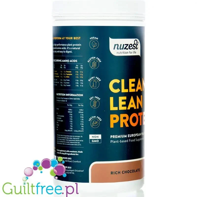 Nuzest Clean Lean Protein Rich Chocolate 1kg - wegańska odżywka białkowa o ultra czystym składzie na bazie europejskiego grochu