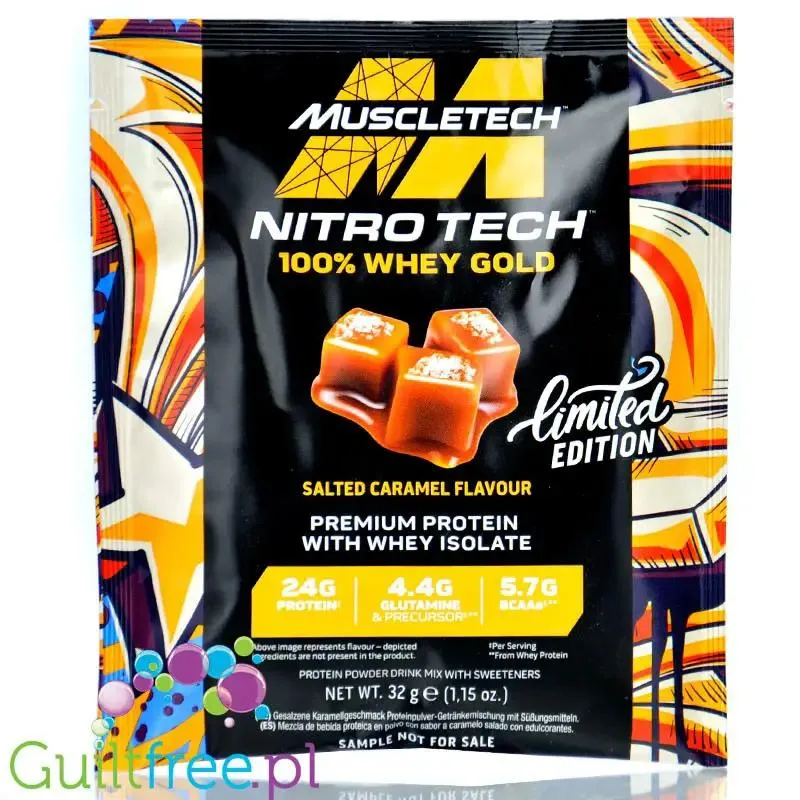 MuscleTech Nitro Tech Whey Gold, Salted Caramel - trójfazowa odżywka białkowa WPC, WPI i WPH, limitowany smak Solony Karmel