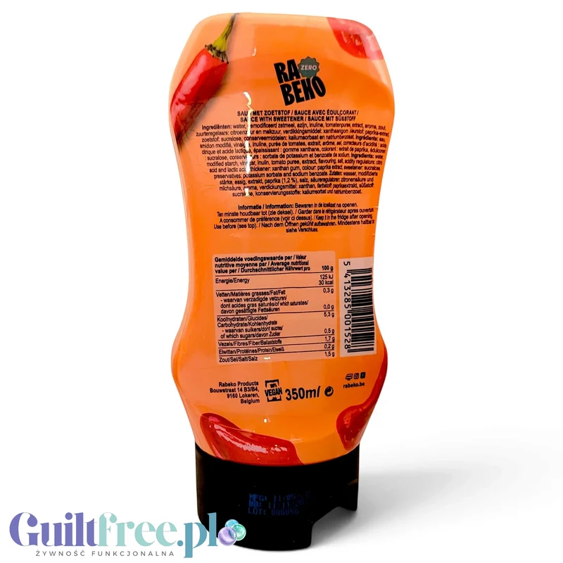 Rabeko Hot Sriracha Zero 350g - ostry sos pomidorowy z przyprawami bez cukru i bez tłuszczu 33 kcal