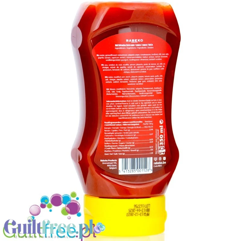 Rabeko Hot Sriracha Zero 350g - ostry sos pomidorowy z przyprawami bez cukru i bez tłuszczu 33 kcal