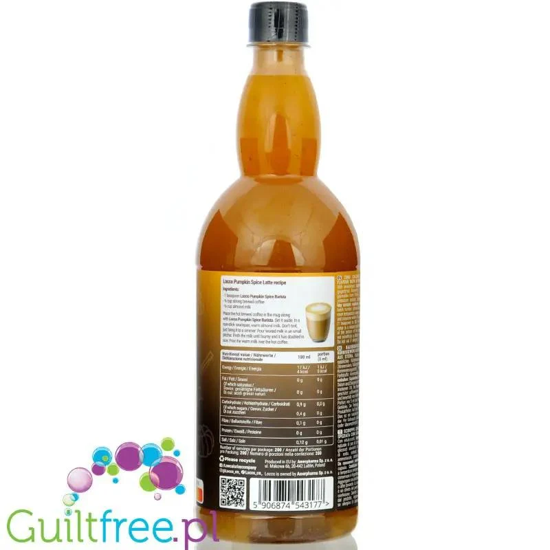 Locco Zero Calorie Barista Pumpkin Spice 1L - syrop słodzący zero kalorii do kawy bez cukru ze stewią