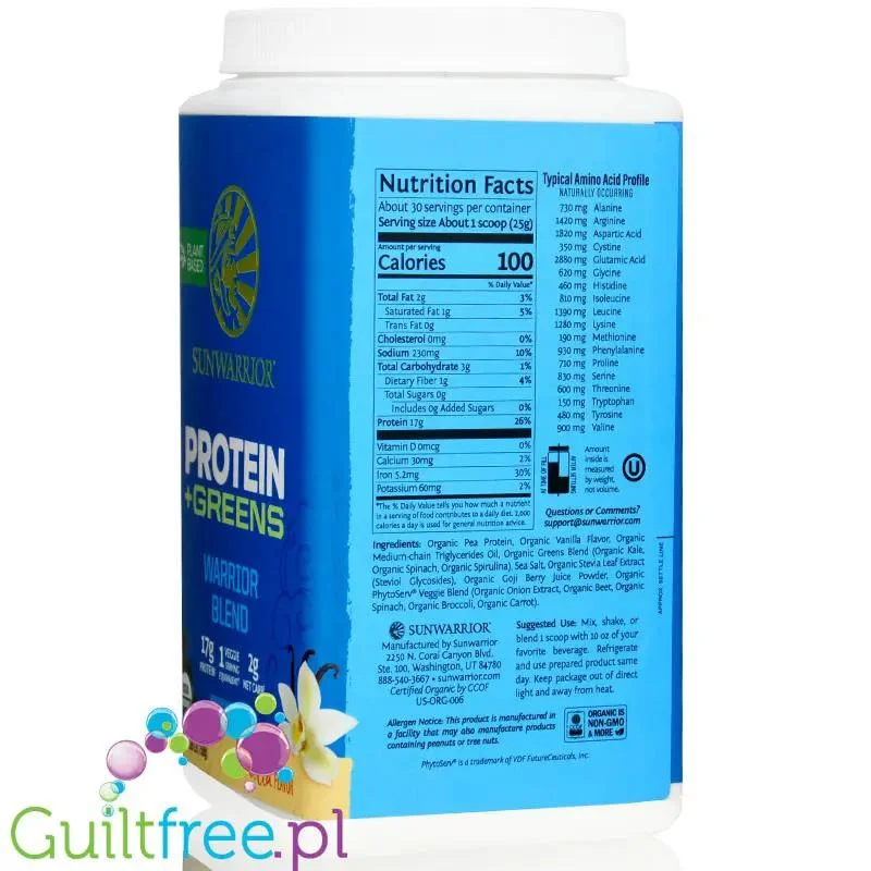 Sunwarrior Protein Warrior Blend + Greens , Vanilla 0,75kg - wegańska organiczna odżywka białkowa z ekstraktami roślinnymi i MCT