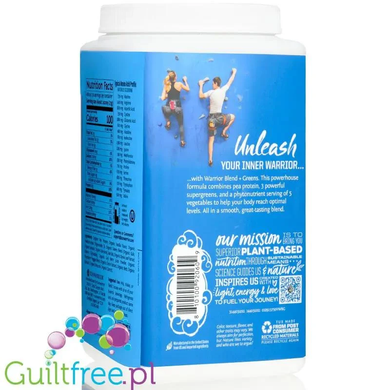 Sunwarrior Protein Warrior Blend + Greens , Vanilla 0,75kg - wegańska organiczna odżywka białkowa z ekstraktami roślinnymi i MCT
