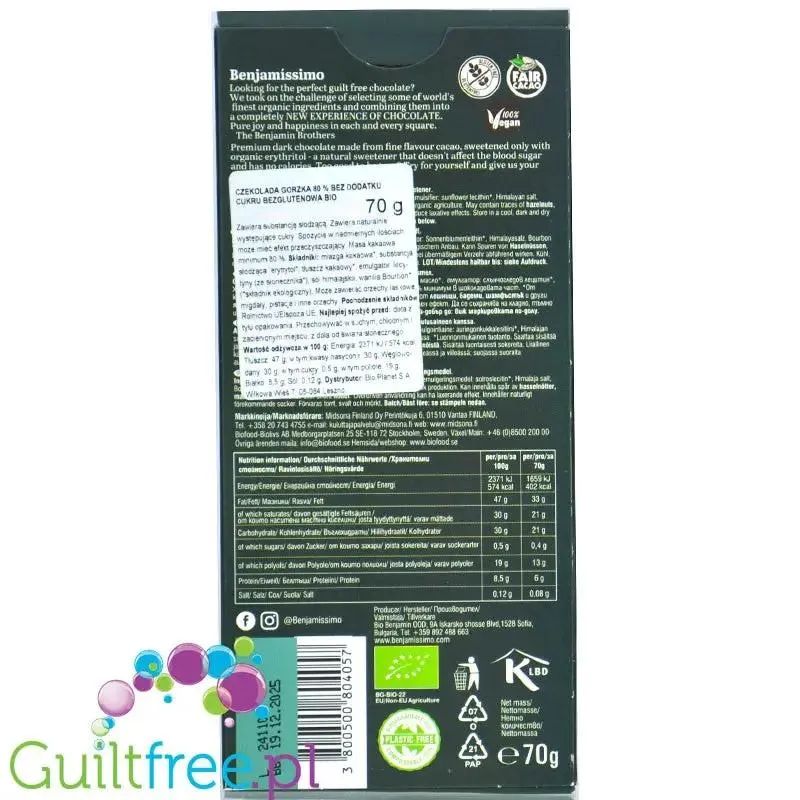 Benjamissimo Dark 80% - organiczna wegańska keto gorzka czekolada bez cukru i maltitolu