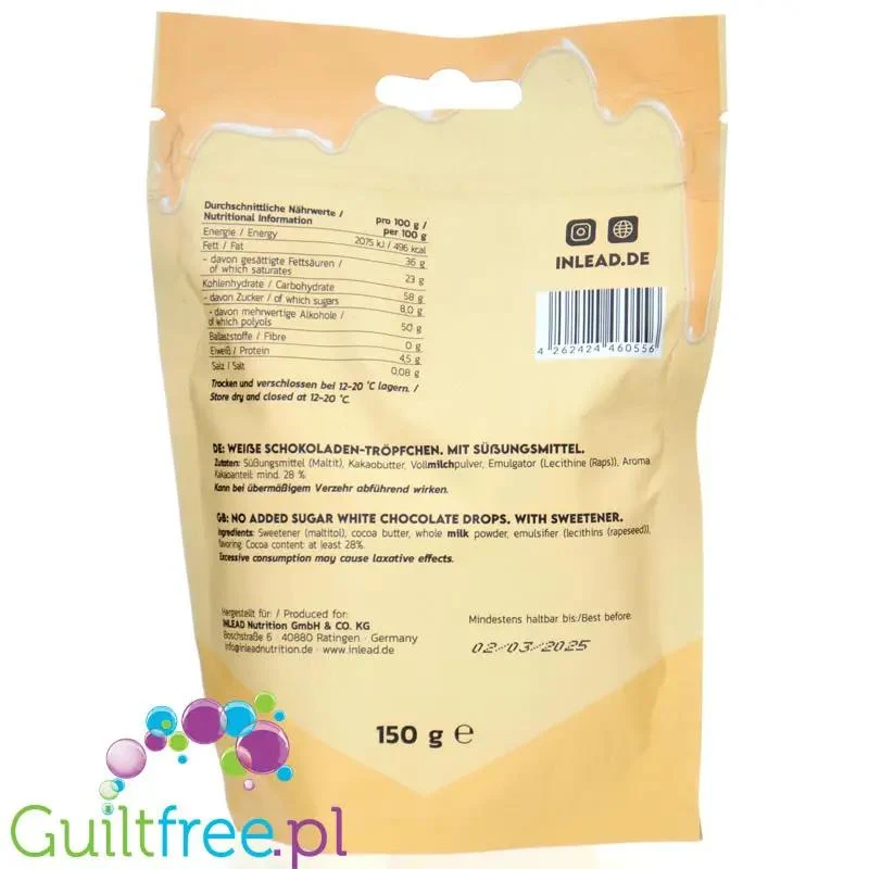 Inlead Choc Drops White Chocolate - kropelki białej czekolady bez cukru