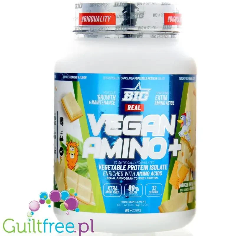 BIG® Vegan Amino+, Mowgly White Chocolate 1kg - wegańska odżywka białkowa z kawałkami ciasteczek o smaku białej czekolady