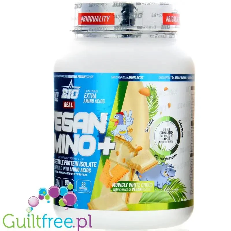 BIG® Vegan Amino+, Mowgly White Chocolate 1kg - wegańska odżywka białkowa z kawałkami ciasteczek o smaku białej czekolady