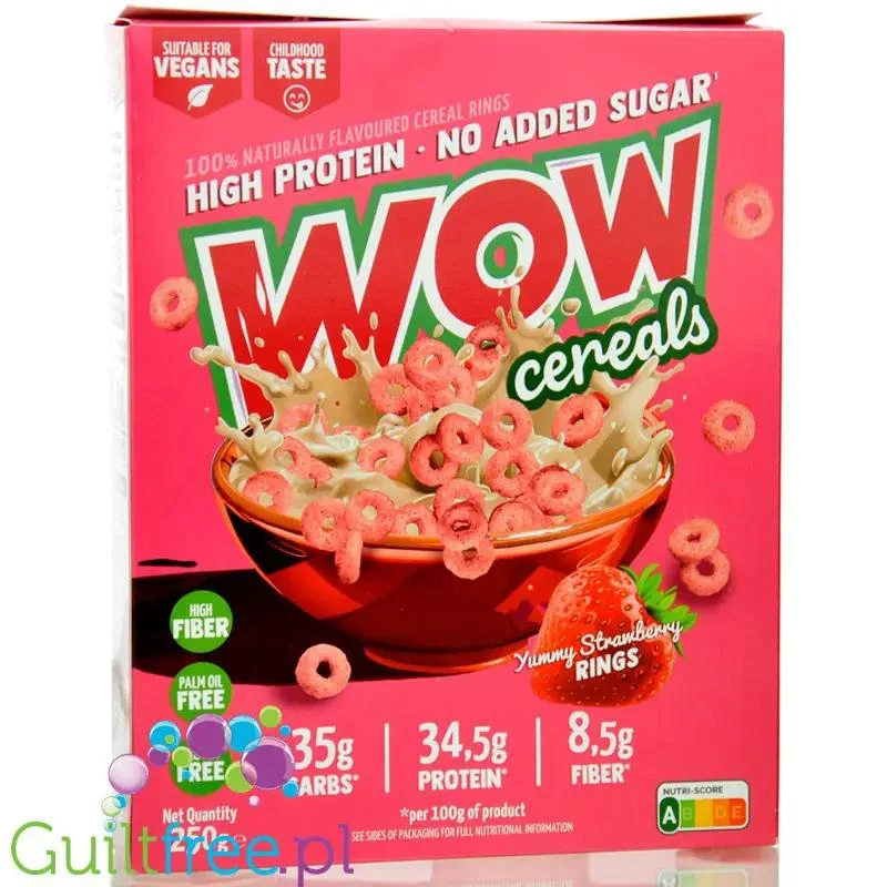 WOW Cereals Yummy Strawberry Rings - wegańskie proteinowe płatki śniadaniowe bez cukru o smaku Truskawkowym