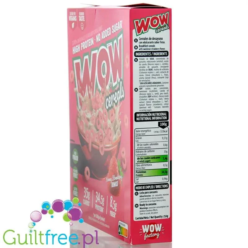WOW Cereals Yummy Strawberry Rings - wegańskie proteinowe płatki śniadaniowe bez cukru o smaku Truskawkowym
