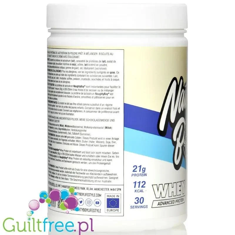 Naughty Boy Whey Protein White Chocolate Cookies & Cream 900g - gęsta odżywka białkowa, Ciastka z Kremem