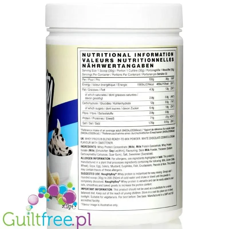 Naughty Boy Whey Protein White Chocolate Cookies & Cream 900g - gęsta odżywka białkowa, Ciastka z Kremem