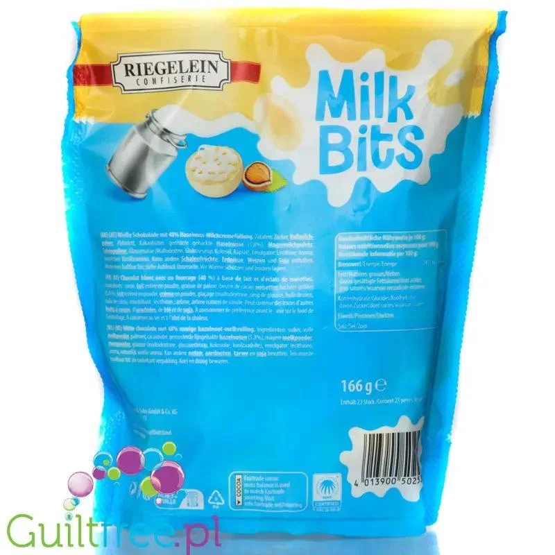 Riegelein Confiserie Milk Bits Weisse Schokolade (CHEAT MEAL) - kule z białej czekolady z nadzieniem orzechowym