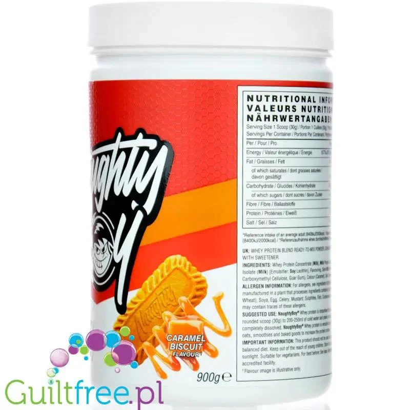Naughty Boy Whey Protein Caramel Biscuit 900g - gęsta odżywka białkowa, Karmelizowany Herbatnik