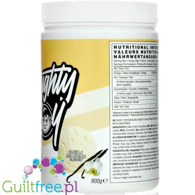 Naughty Boy Whey Protein Vanilla Ice Cream 900g - gęsta odżywka białkowa WPI, WPC & MPC, Lody Waniliowe