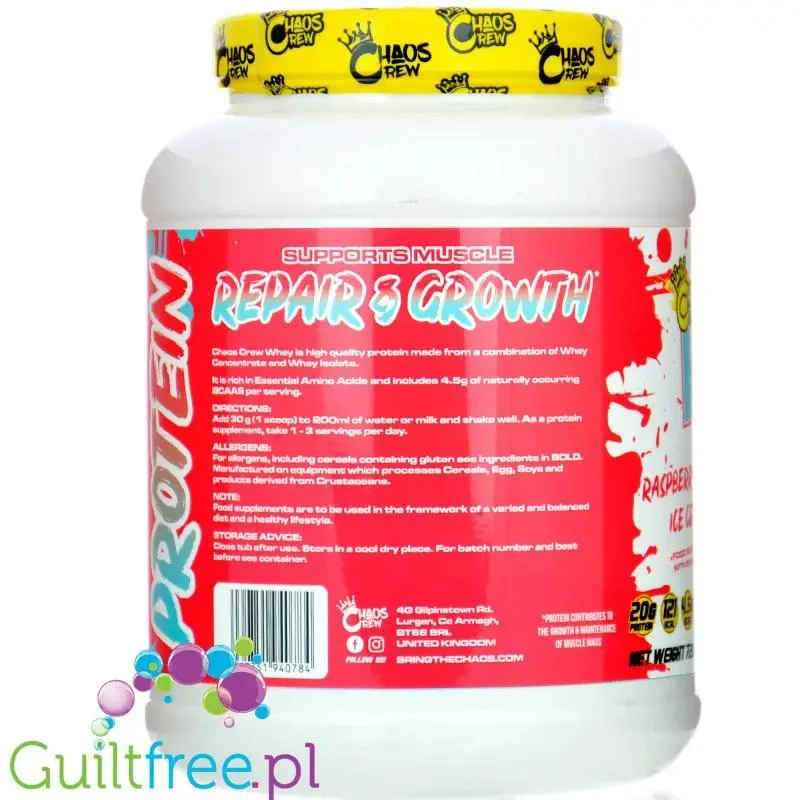 Chaos Crew Whey Protein Raspberry Ripple Ice Cream - odżywka białkowa WPC & WPI, smak Śmietankowych lodów malinowych