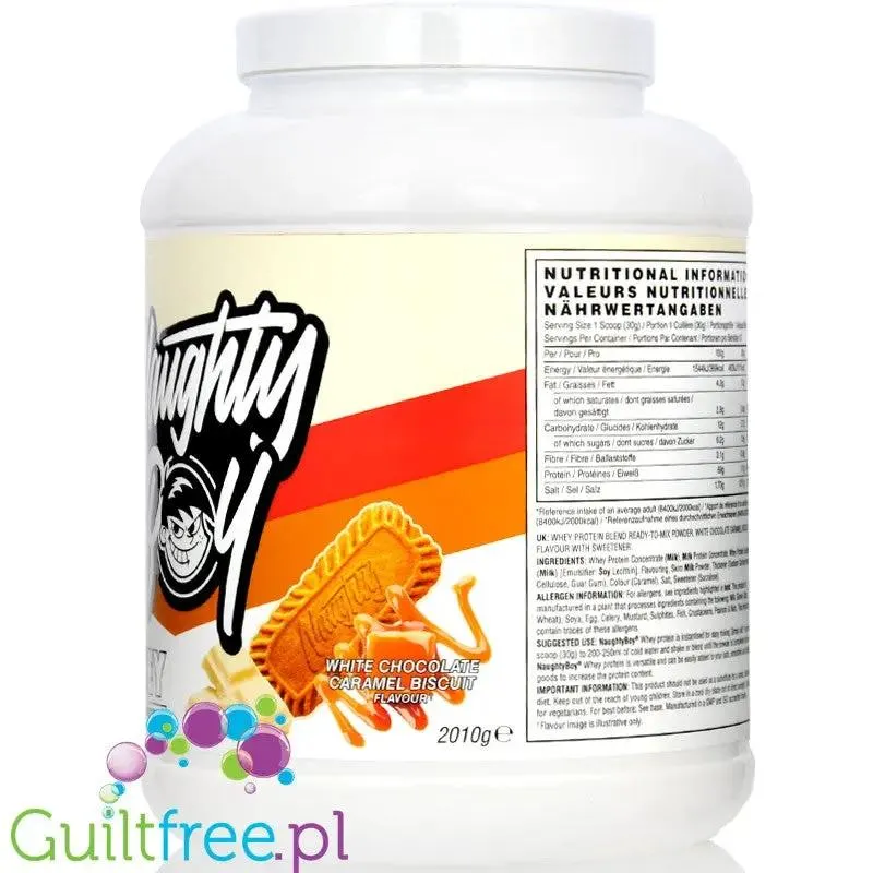 Naughty Boy Whey Advanced Protein White Choco Caramel Biscuit 2kg - gęsta odżywka białkowa, Biała Czekolada z Ciastkiem